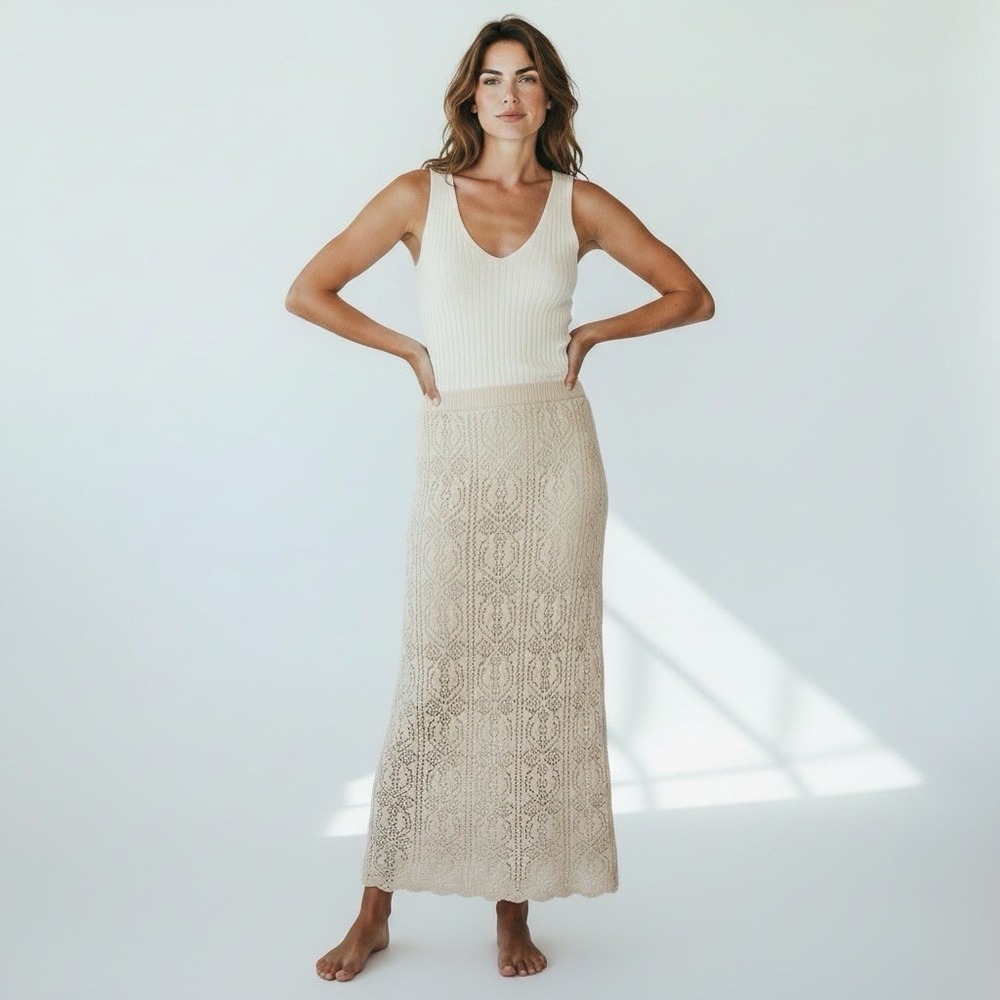 FRESHMAN 1996‎ Cream Crochet Knit Boho Hippie Long Maxi Skirt Sz Medium Lined
